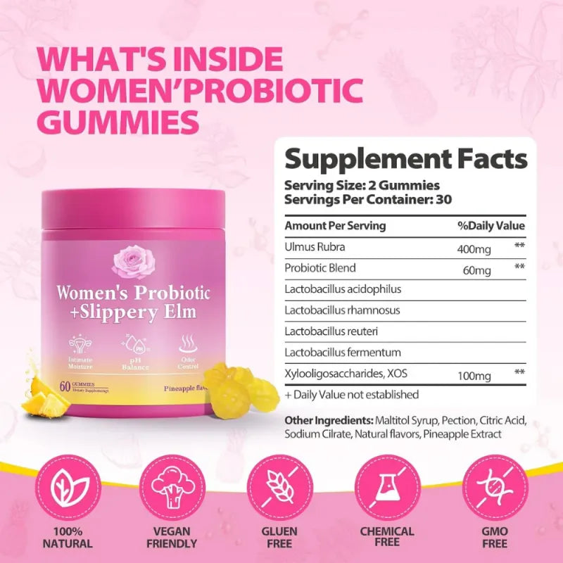 Women’s Probiotic + Slippery Elm | Pineapple Flavor | 60 Gummies - Importada - Image 3
